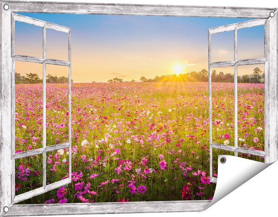 Gards Tuinposter Doorkijk Bloemenveld met Roze Kosmos - 90x60 cm - Tuindoek - Tuindecoratie - Wanddecoratie buiten - Tuinschilderij