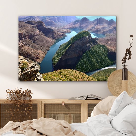 ® Glasschilderij 90x60 cm - Schilderij acrylglas - Luchtmening van de Afrikaanse Blyvieri-poort in Zuid-Afrika - Foto op glas - Muurdecoratie woonkamer - Wanddecoratie slaapkamer - Schilderijen