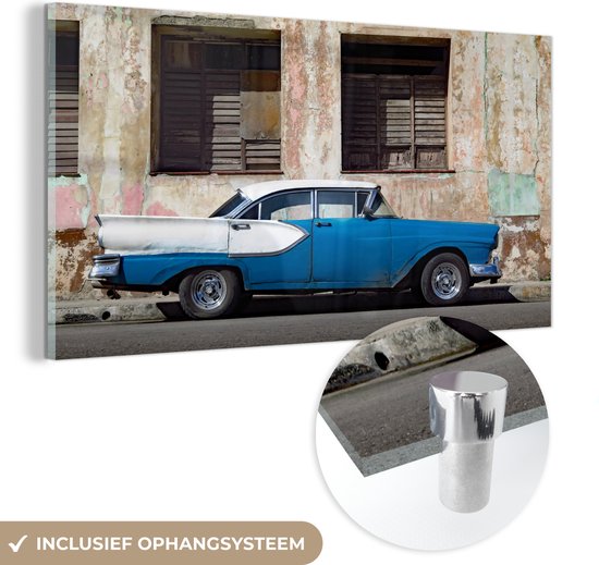 MuchoWow® Glasschilderij 80x40 cm - Schilderij acrylglas - Vintage - Car - Cuba - Foto op glas - Schilderijen