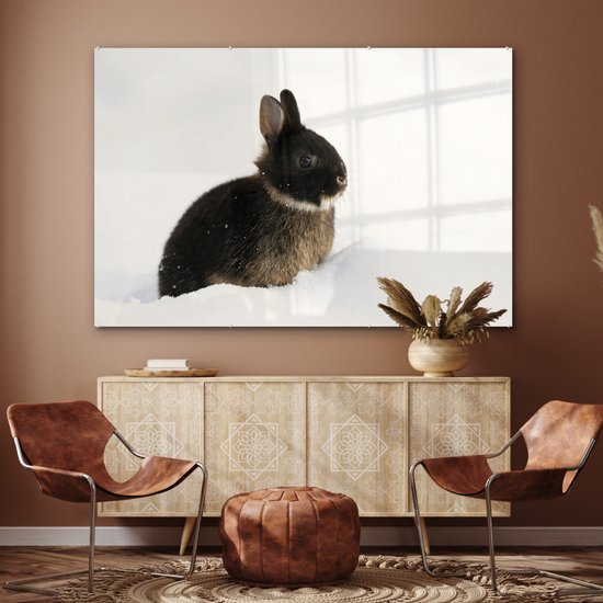 MuchoWow® Peinture sur verre 150x100 cm - Peinture sur verre acrylique - Lapin - Neige - Hiver - Photo sur verre - Peintures