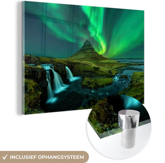 MuchoWow® Glasschilderij 90x60 cm - Schilderij acrylglas - Noorderlicht - Waterval - Berg - IJsland - Foto op glas - Schilderijen
