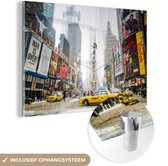 MuchoWow® Glasschilderij 150x100 cm - Schilderij acrylglas - New York - Taxi - Architectuur - Foto op glas - Schilderijen