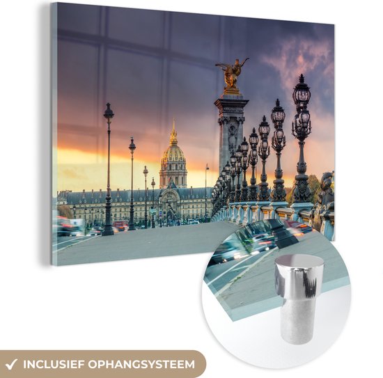 MuchoWow® Glasschilderij 150x100 cm - Schilderij acrylglas - Parijs - Lantaarn - Brug - Foto op glas - Schilderijen