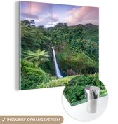 MuchoWow® Glasschilderij 90x90 cm - Schilderij acrylglas - Waterval - Zonsondergang - Jungle - Foto op glas - Schilderijen