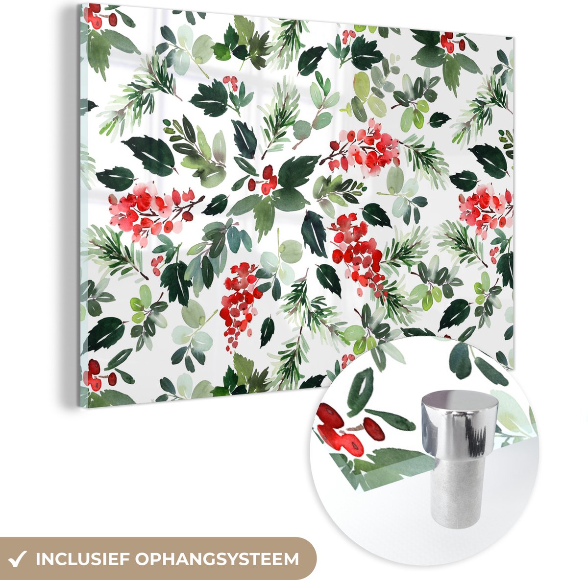 ® Glasschilderij 180x120 cm - Schilderij acrylglas - Planten - Kerst - Waterverf - Patroon - Foto op glas - Muurdecoratie woonkamer - Wanddecoratie slaapkamer - Schilderijen