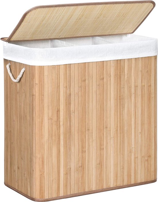 Panier à Linge 3 Compartiments Pliable Avec Couvercle - 140 L, Sacs Amovibles, En Tissu Oxford Et Bambou