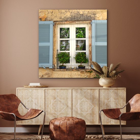 MuchoWow® Peinture sur verre 90x90 cm - Peinture acrylique sur verre - Vieux mur avec volets bleus - Photo sur verre - Peintures