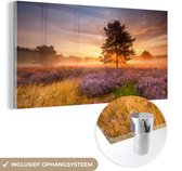 MuchoWow® Glasschilderij 120x60 cm - Schilderij acrylglas - Heidelandschap met een boom - Foto op glas - Schilderijen