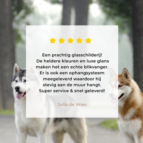 MuchoWow® Peinture sur verre 40x20 cm - Peinture sur verre acrylique - Quatre huskies parmi les arbres - Photo sur verre - Peintures