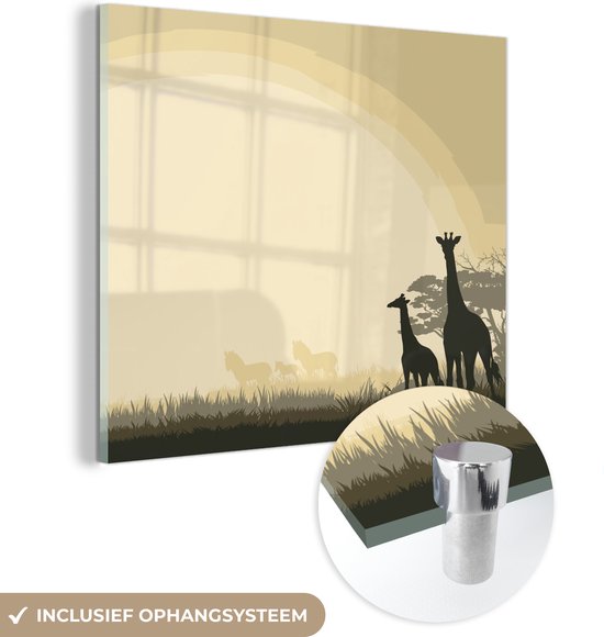 MuchoWow® Glasschilderij 90x90 cm - Schilderij acrylglas - Een illustratie van een Afrikaanse safari als achtergrond met giraffen - Foto op glas - Schilderijen