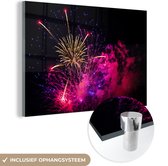 MuchoWow® Glasschilderij 150x100 cm - Schilderij acrylglas - Vuurwerk schiet in de lucht - Foto op glas - Schilderijen