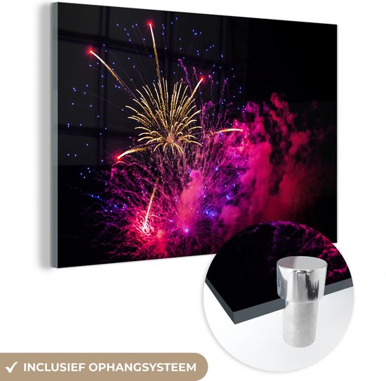 MuchoWow® Peinture sur verre 150x100 cm - Peinture sur verre acrylique - Feux d'artifice tirant dans le ciel - Photo sur verre - Peintures