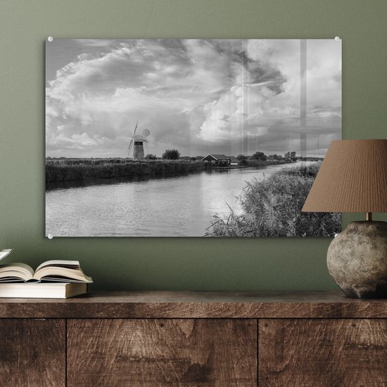 MuchoWow® Peinture sur verre 60x40 cm - Peinture sur verre acrylique - Lever de soleil au parc national des Broads en Angleterre en noir et blanc - Photo sur verre - Peintures
