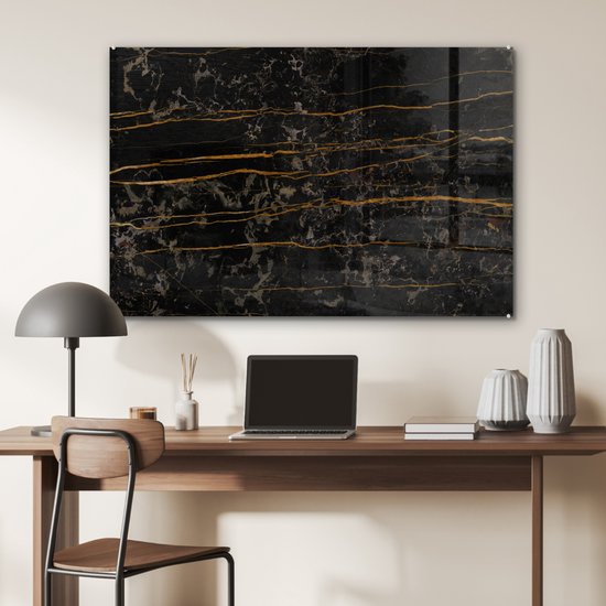 MuchoWow® Peinture sur Verre - Marbre - Zwart - Or - Veine - 120x80 cm - Peintures sur Verre Acrylique - Photo sur Glas