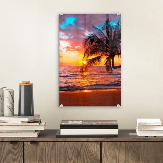 Glasschilderij - Glazen schilderij - Palmboom - Zon - Strand - Horizon - Foto op glas - Glas schilderij - Kamer decoratie - Acrylglas - 20x30 cm - Schilderijen woonkamer