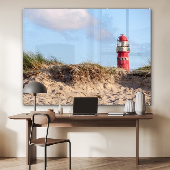 MuchoWow® Glasschilderij 160x120 cm - Schilderij acrylglas - Strand - Vuurtoren - Duin - Foto op glas - Muurdecoratie woonkamer - Wanddecoratie slaapkamer - Schilderijen