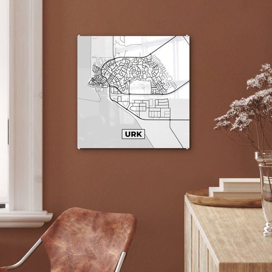MuchoWow® Glasschilderij 50x50 cm - Schilderij acrylglas - Kaart - Urk - Zwart - Wit - Foto op glas - Schilderijen