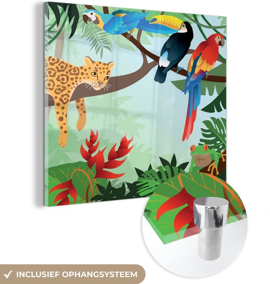MuchoWow® Glasschilderij 90x90 cm - Schilderij acrylglas - Jungle dieren - Toekan - Jongens - Meiden - Luipaard - Foto op glas - Schilderijen
