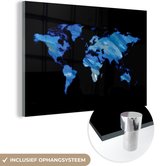 MuchoWow® Glasschilderij 150x100 cm - Schilderij acrylglas - Wereldkaart - Zwart- Waterverf - Foto op glas - Schilderijen