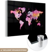 MuchoWow® Glasschilderij 90x60 cm - Schilderij acrylglas - Wereldkaart - Waterverf - Roze - Foto op glas - Schilderijen