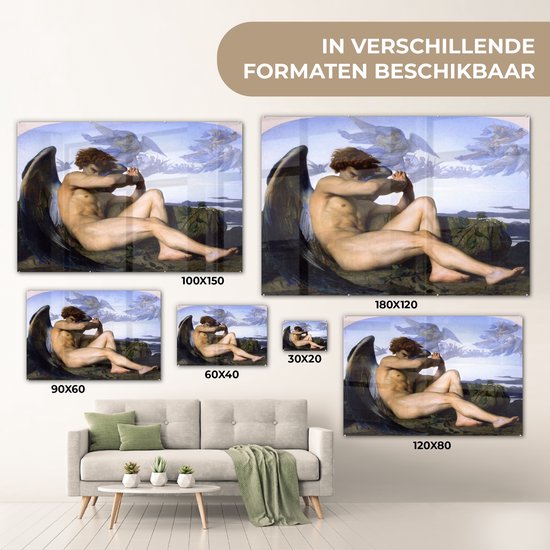 Verschillende maten van een glazen schilderij met een gevleugelde man die op rotsen zit.