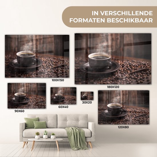 MuchoWow® Peinture sur Verre - Café - Chaud - Grains de café - 90x60 cm - Peintures sur Verre Acrylique - Photo sur Glas
