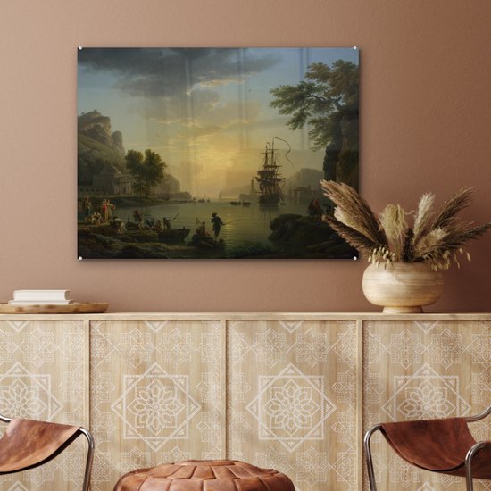 MuchoWow® Peinture sur verre 80x60 cm - Peinture sur verre acrylique - Un paysage au coucher du soleil - Peinture de Claude Joseph Vernet - Photo sur verre - Peintures