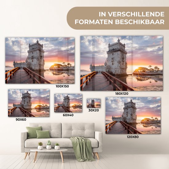 ® Glasschilderij 150x100 cm - Schilderij acrylglas - Torre de Belém met een zonsondergang - Foto op glas - Muurdecoratie woonkamer - Wanddecoratie slaapkamer - Schilderijen