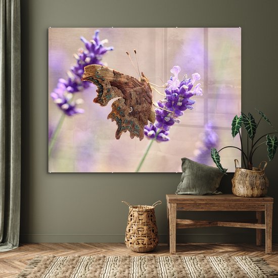 MuchoWow® Peinture sur verre 160x120 cm - Peinture sur verre acrylique - Le papillon aurelia craquelé boit du nectar - Photo sur verre - Peintures