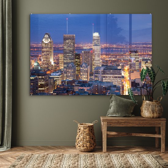 ® Glasschilderij 150x100 cm - Schilderij acrylglas - Stadsgezicht Montreal tijdens de nacht in Canada - Foto op glas - Muurdecoratie woonkamer - Wanddecoratie slaapkamer - Schilderijen
