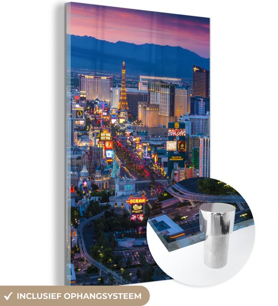 MuchoWow® Glasschilderij 40x60 cm - Schilderij acrylglas - Las Vegas strip - Zonsondergang - Roze - Foto op glas - Schilderijen