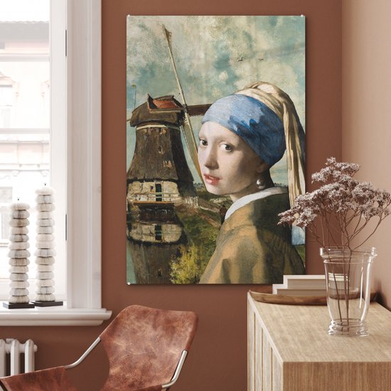 MuchoWow® Peinture sur verre 60x90 cm - Peinture sur verre acrylique - Fille à la boucle d'oreille en perle - Johannes Vermeer - Moulin - Photo sur verre - Peintures