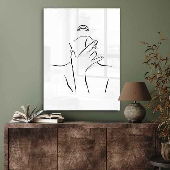 MuchoWow® Glasschilderij 60x80 cm - Schilderij acrylglas - Abstracte line art van een vrouw met een hand op haar nek - Foto op glas - Schilderijen