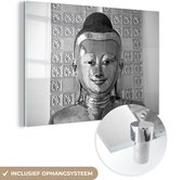 MuchoWow® Glasschilderij 150x100 cm - Schilderij acrylglas - Boeddha beeld - zwart wit - Foto op glas - Schilderijen