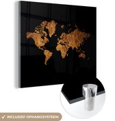 MuchoWow® Glasschilderij 90x90 cm - Schilderij acrylglas - Wereldkaart - Goud - Bruin - Foto op glas - Schilderijen