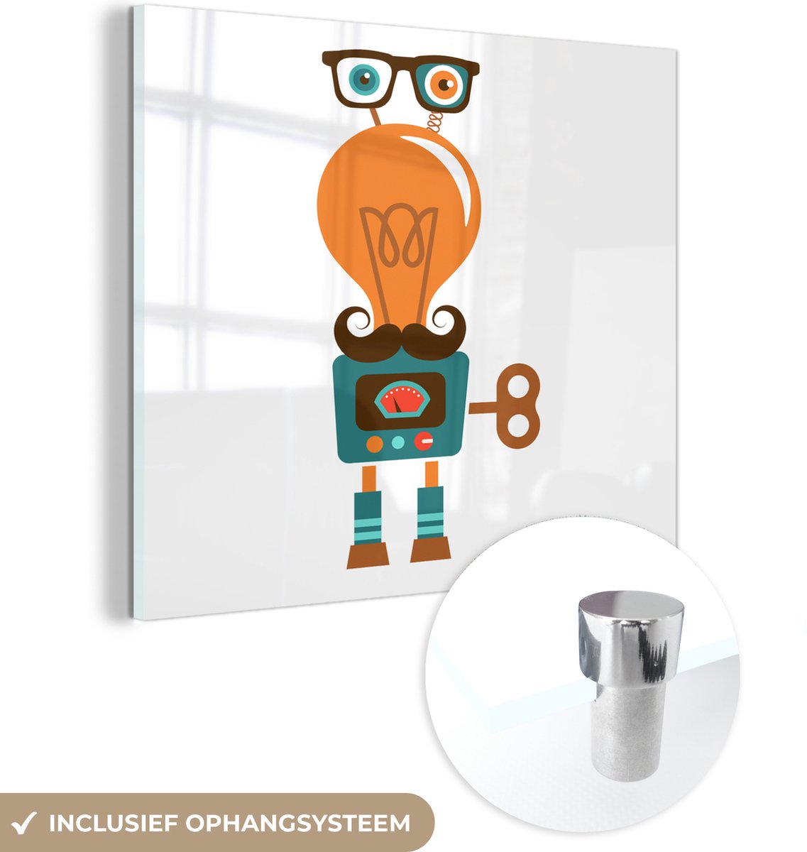 MuchoWow® Glasschilderij 90x90 cm - Schilderij acrylglas - Robot - Bril - Gloeilamp - Snor