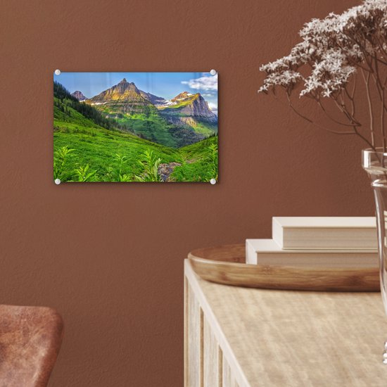 MuchoWow® Peinture sur verre 30x20 cm - Peinture sur verre acrylique - Montagnes de couleur verte dans le parc national américain des Glaciers - Photo sur verre - Peintures