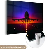 MuchoWow® Glasschilderij 180x120 cm - Schilderij acrylglas - Verschillende kleuren achter het opstijgende vliegtuig - Foto op glas - Schilderijen