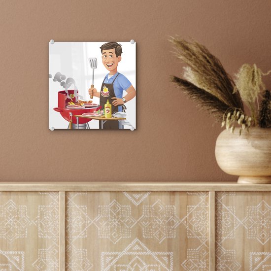 MuchoWow® Peinture sur verre 20x20 cm - Peinture sur verre acrylique - Illustration d'un homme préparant de la nourriture sur le barbecue - Photo sur verre - Peintures