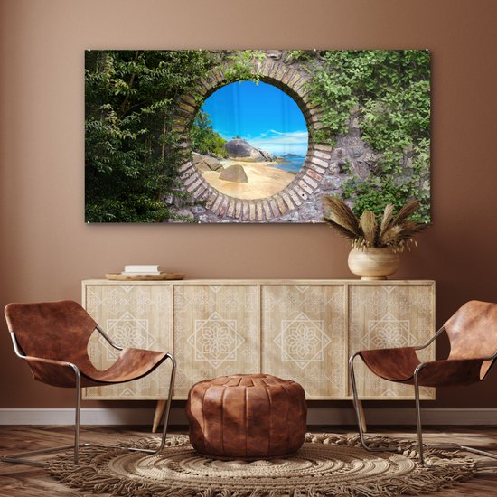 MuchoWow® Glasschilderij 160x80 cm - Schilderij acrylglas - Zomer - Strand - Doorkijk - Tropical - Foto op glas - Muurdecoratie woonkamer - Wanddecoratie slaapkamer - Schilderijen