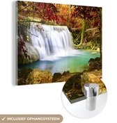 MuchoWow® Glasschilderij 160x120 cm - Schilderij acrylglas - Herfst - Waterval - Natuur - Foto op glas - Schilderijen