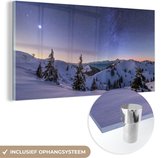 MuchoWow® Glasschilderij 40x20 cm - Schilderij acrylglas - Winter - Sneeuw - Nacht - Bomen - Foto op glas - Schilderijen