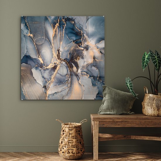 MuchoWow® Peinture sur Verre - Marbre - Grijs - Blauw - Luxe - Or - 90x90 cm - Peintures sur Verre Acrylique - Photo sur Glas