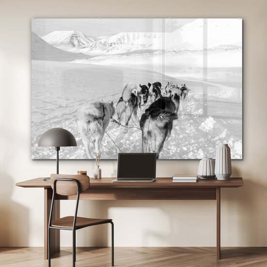 Peinture sur verre - Huskies tirant un traîneau à chiens - noir et blanc - 180x120 cm - Peintures sur Verre Peintures - Photo sur Glas