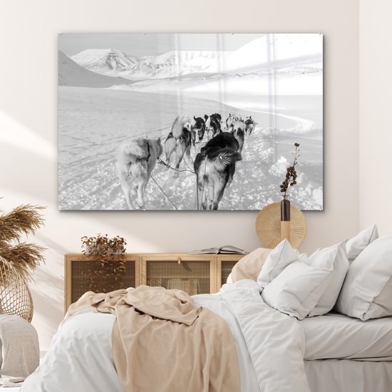 Peinture sur verre - Huskies tirant un traîneau à chiens - noir et blanc - 180x120 cm - Peintures sur Verre Peintures - Photo sur Glas
