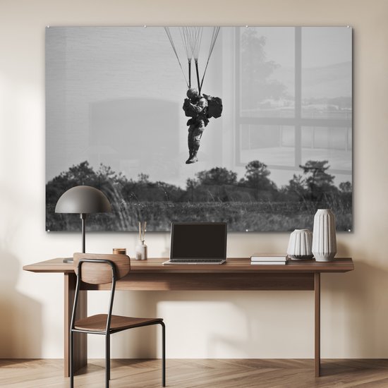 MuchoWow® Peinture sur verre 180x120 cm - Peinture sur verre acrylique - Amérique - Zwart - Wit - Parachute - Photo sur verre - Peintures