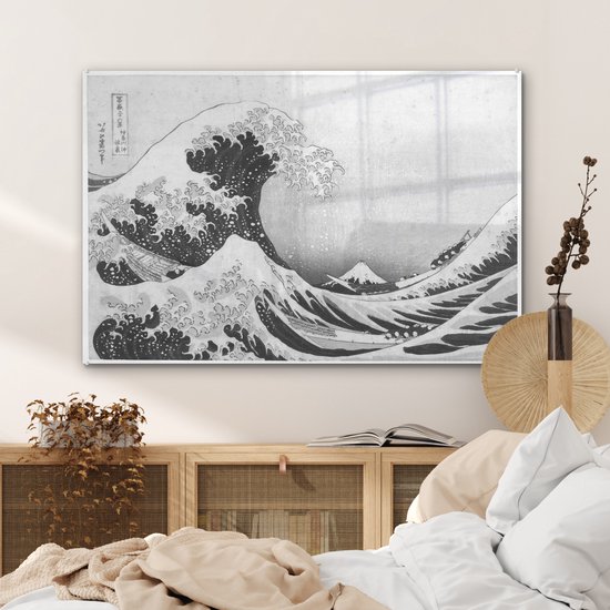 ® Glasschilderij 90x60 cm - Schilderij acrylglas - De grote golf bij Kanagawa - Schilderij van Katsushika Hokusai - Foto op glas - Muurdecoratie woonkamer - Wanddecoratie slaapkamer - Schilderijen