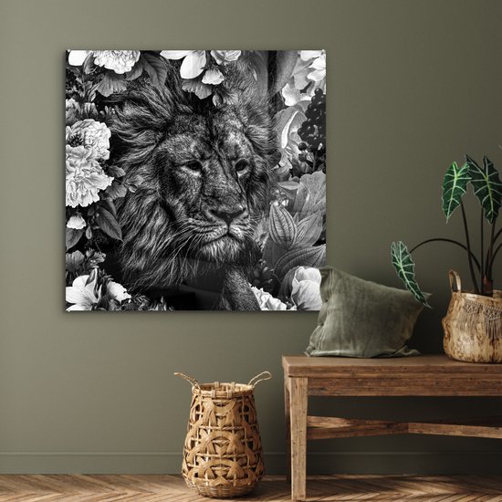 Peinture sur Verre - Lion - Fleurs - Feuille - Zwart - Wit - 90x90 cm - Peintures sur Verre Peintures - Photo sur Glas