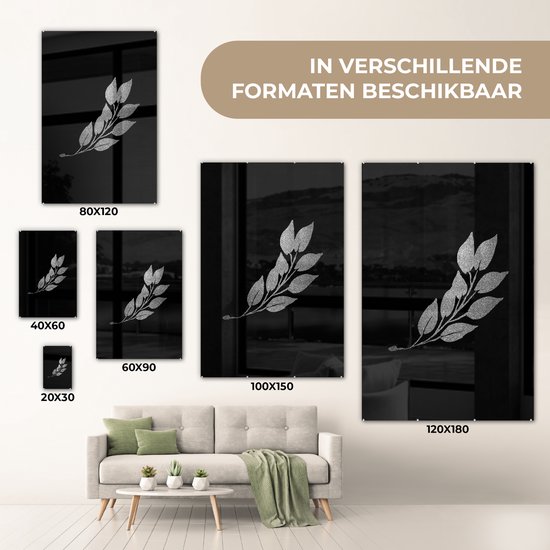 MuchoWow® Peinture sur Verre - Branche avec feuilles allongées sur fond noir - noir et blanc - 100x150 cm - Peintures sur Verre Acrylique - Photo sur Glas