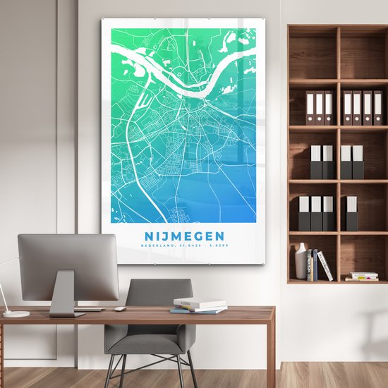 MuchoWow® Glasschilderij 100x150 cm - Schilderij acrylglas - Stadskaart - Nijmegen - Blauw - Groen - Foto op glas - Schilderijen - Plattegrond